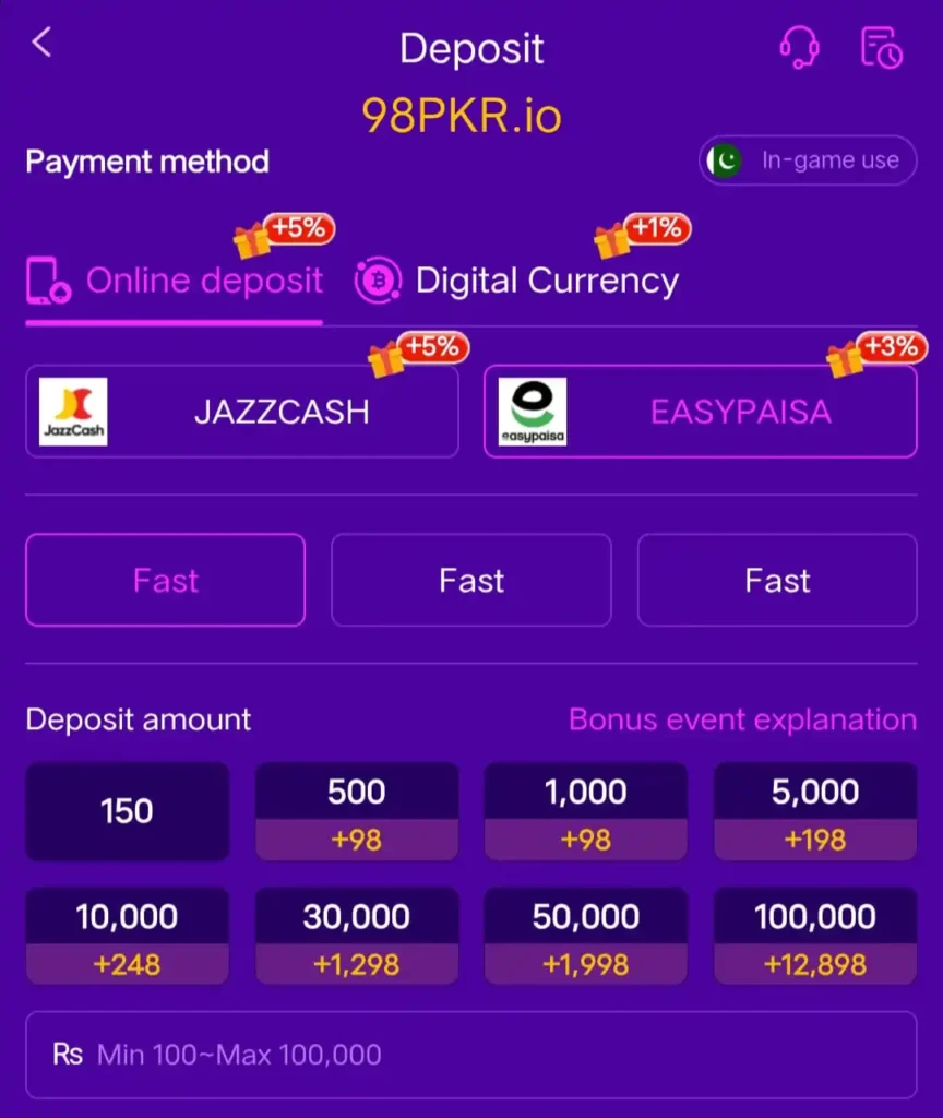 98 PKR deposit